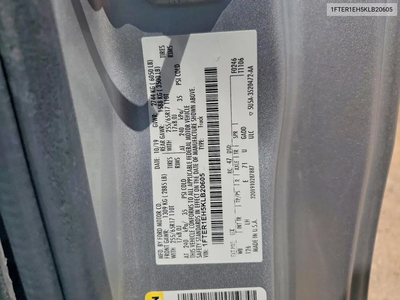 2019 Ford Ranger Xl VIN: 1FTER1EH5KLB20605 Lot: 61783646