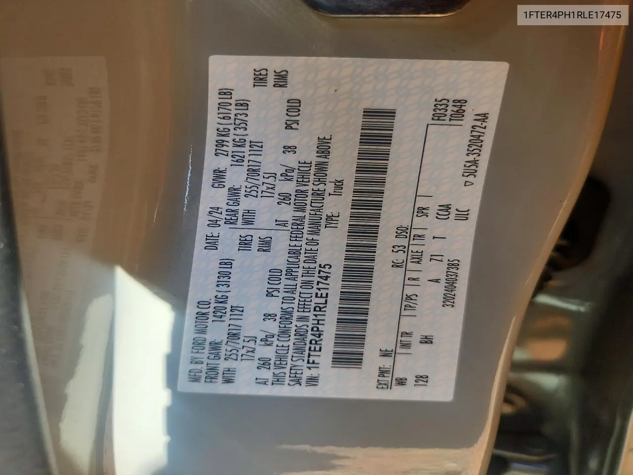 2024 Ford Ranger Xl VIN: 1FTER4PH1RLE17475 Lot: 60123786