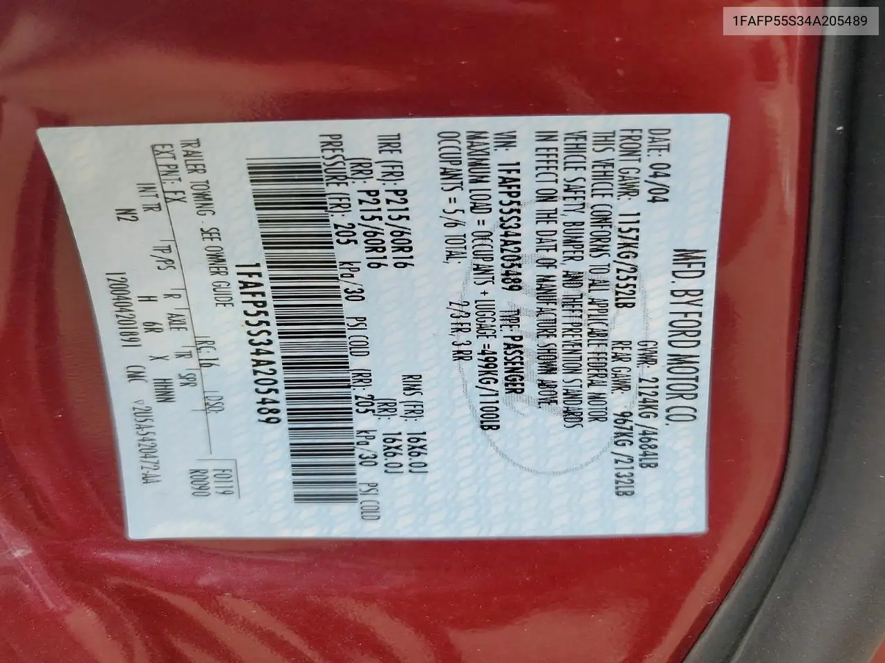 2004 Ford Taurus Ses VIN: 1FAFP55S34A205489 Lot: 61570696