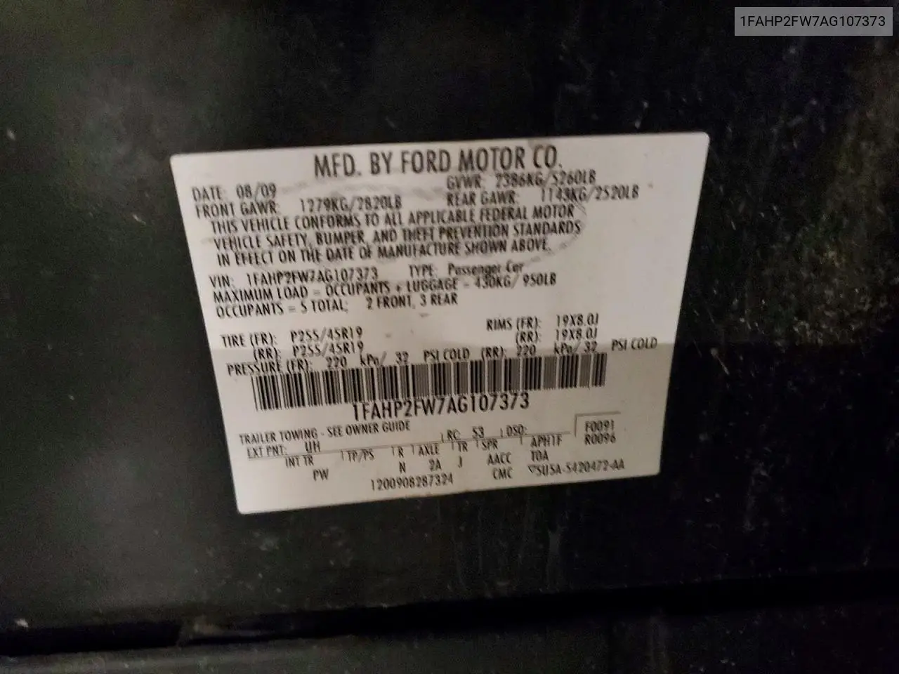 2010 Ford Taurus Limited VIN: 1FAHP2FW7AG107373 Lot: 59695286