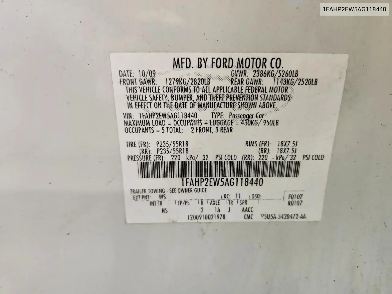 2010 Ford Taurus Sel VIN: 1FAHP2EW5AG118440 Lot: 60987306