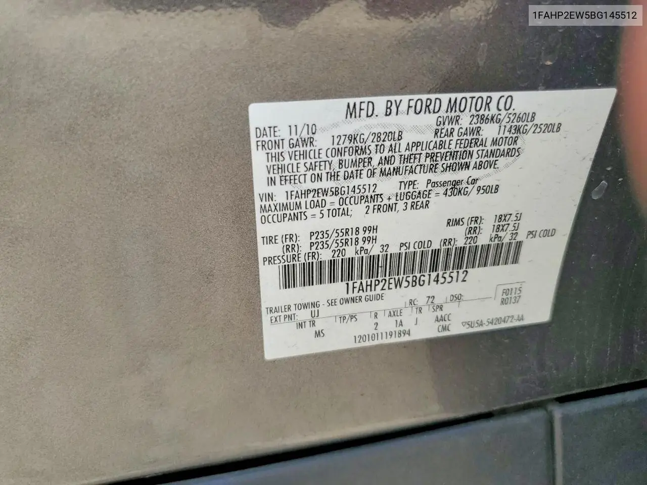 2011 Ford Taurus Sel VIN: 1FAHP2EW5BG145512 Lot: 60971556