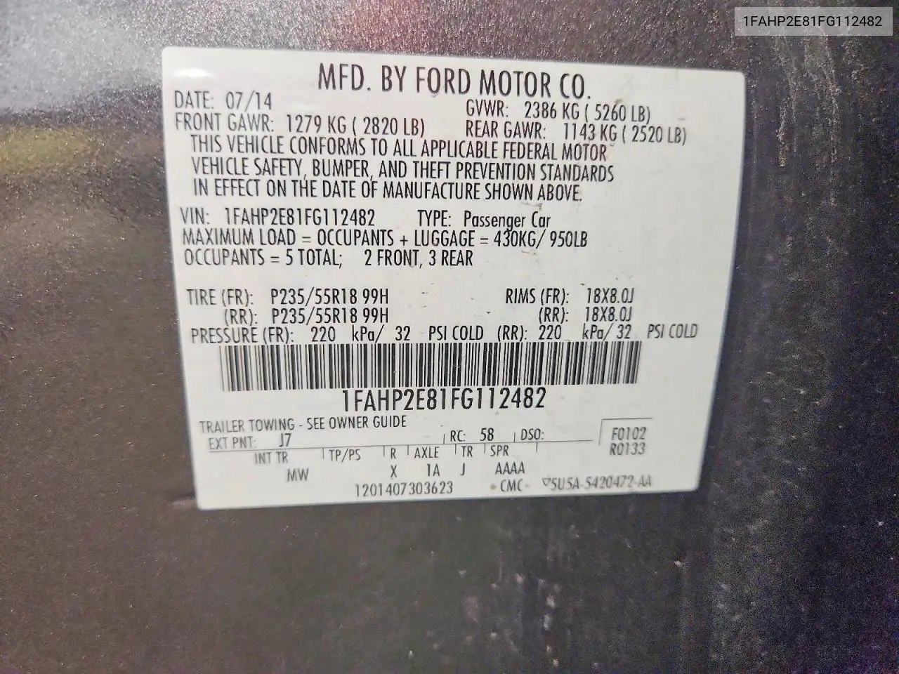 2015 Ford Taurus Sel VIN: 1FAHP2E81FG112482 Lot: 60719426