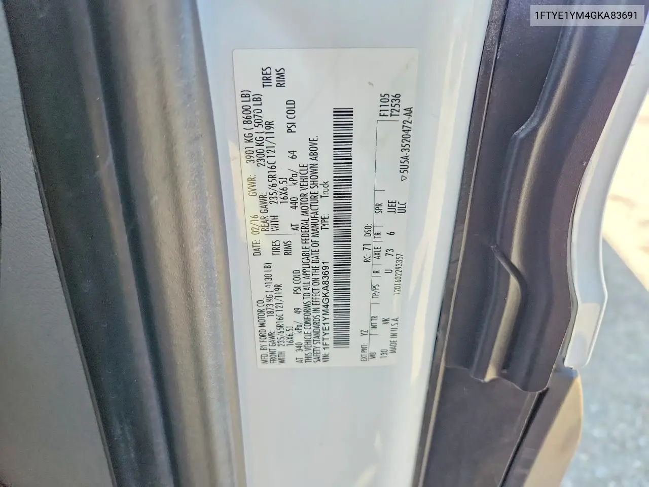 2016 Ford Transit 150 Delivery Van VIN: 1FTYE1YM4GKA83691 Lot: 60014146