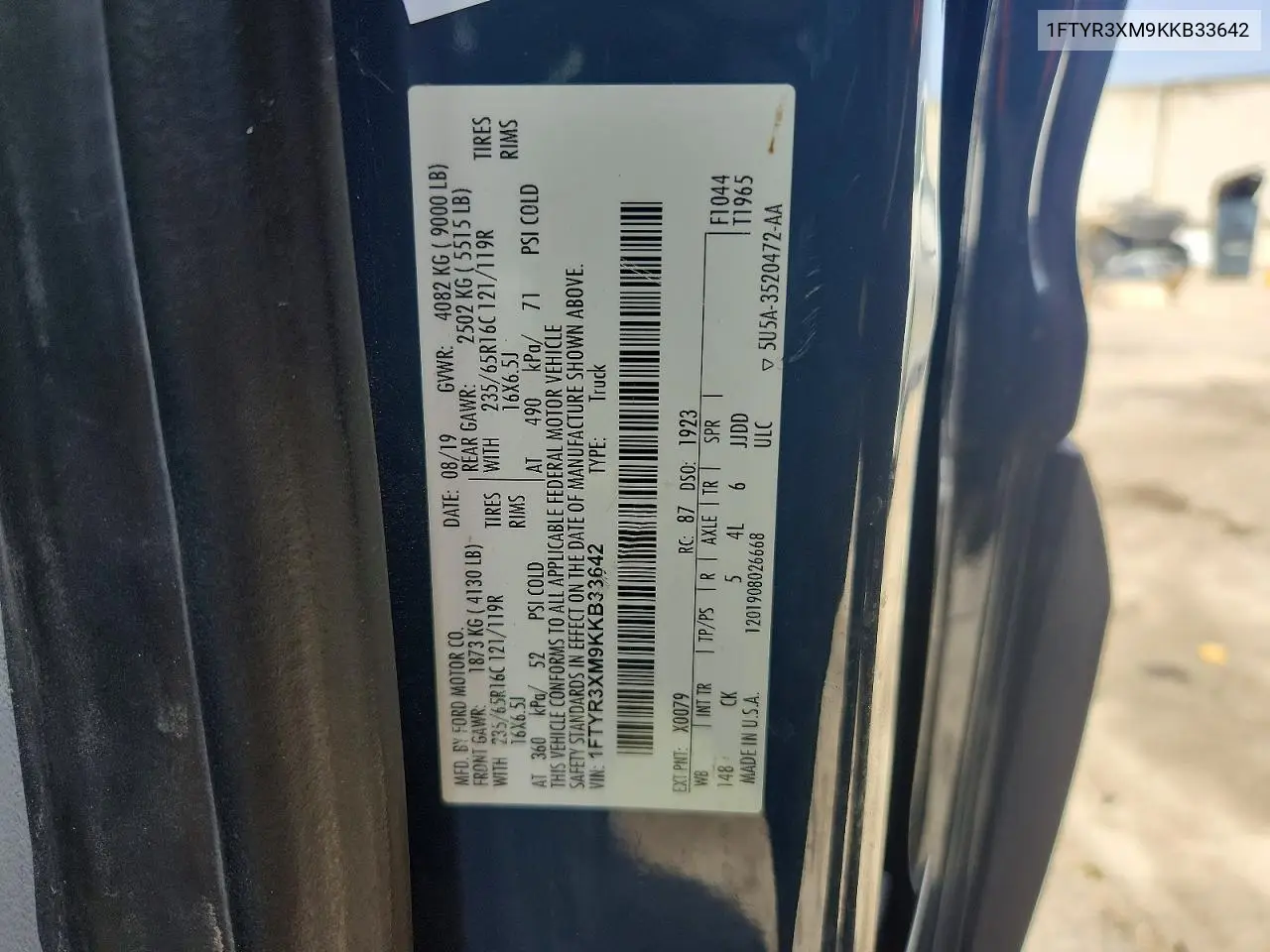 2019 Ford Transit 250 Delivery Van VIN: 1FTYR3XM9KKB33642 Lot: 56692686