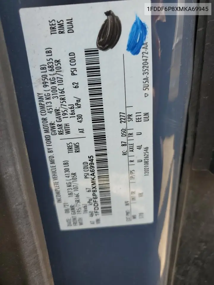 2021 Ford Transit T-350 Hd VIN: 1FDDF6P8XMKA69945 Lot: 64932845