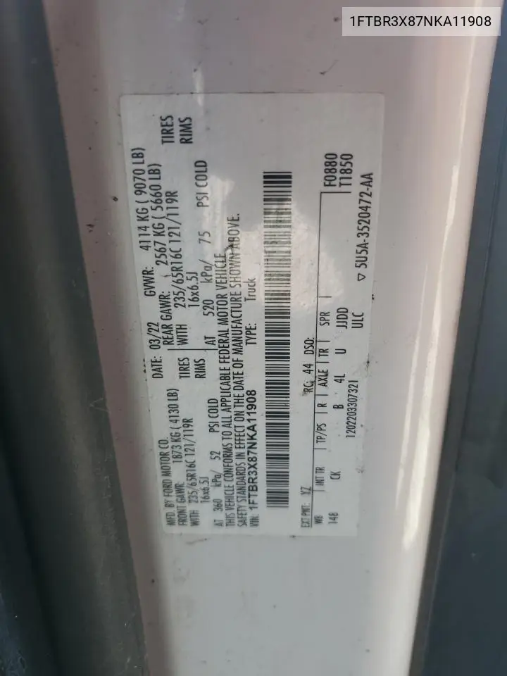2022 Ford Transit 250 Delivery Van VIN: 1FTBR3X87NKA11908 Lot: 61102766