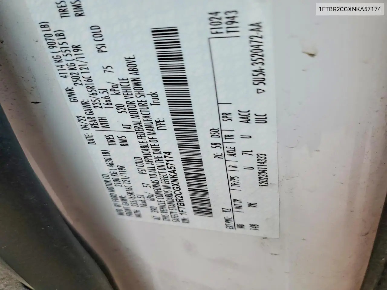 2022 Ford Transit T-250 VIN: 1FTBR2CGXNKA57174 Lot: 61674076