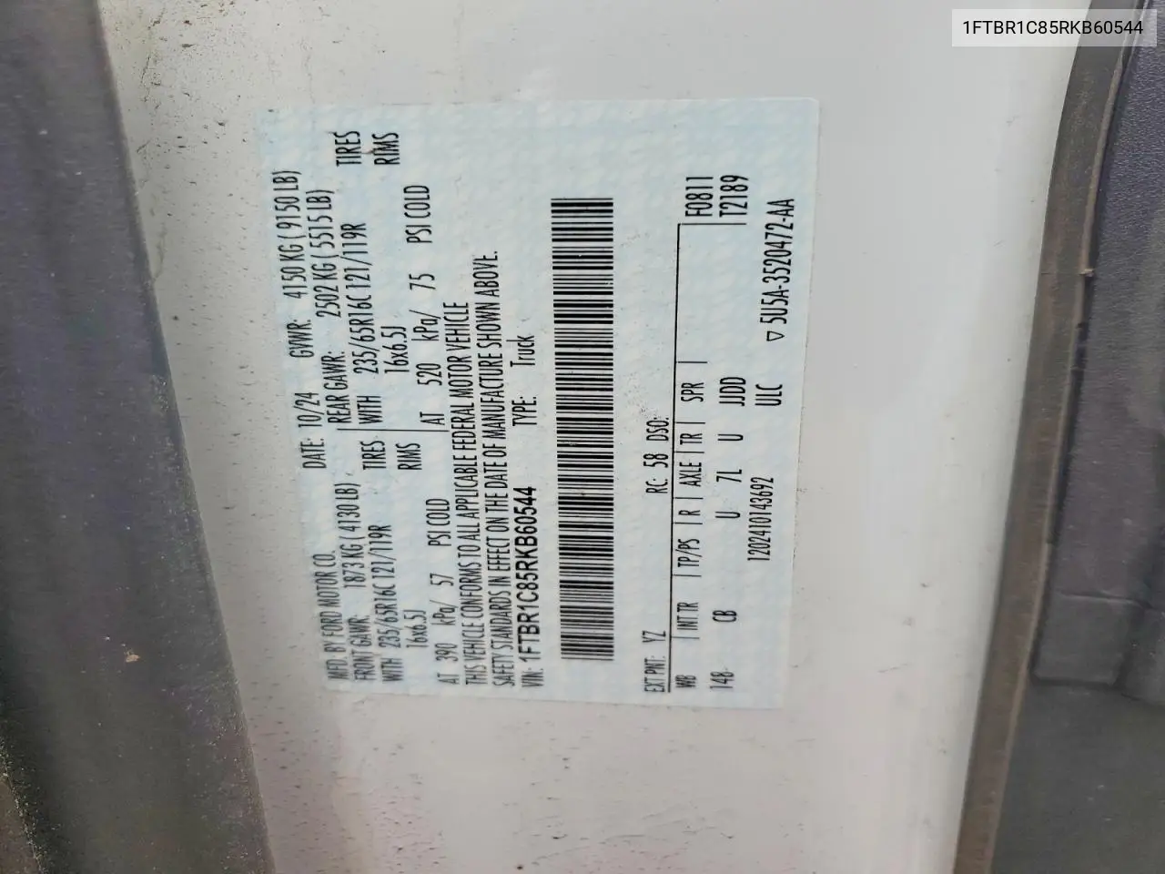2024 Ford Transit T-250 VIN: 1FTBR1C85RKB60544 Lot: 58933676