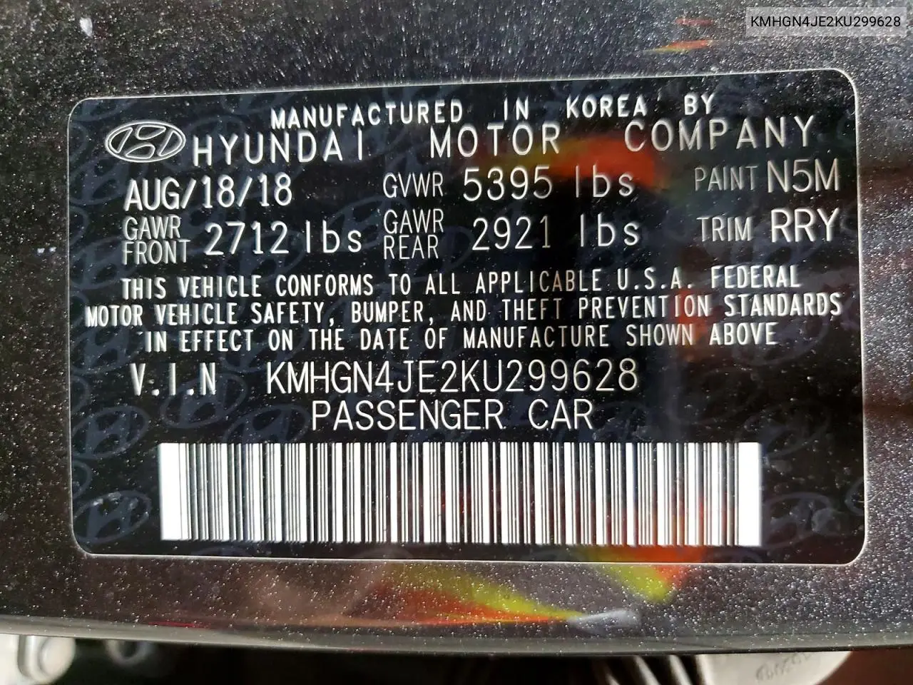 2019 Genesis G80 3.8 VIN: KMHGN4JE2KU299628 Lot: 61904286