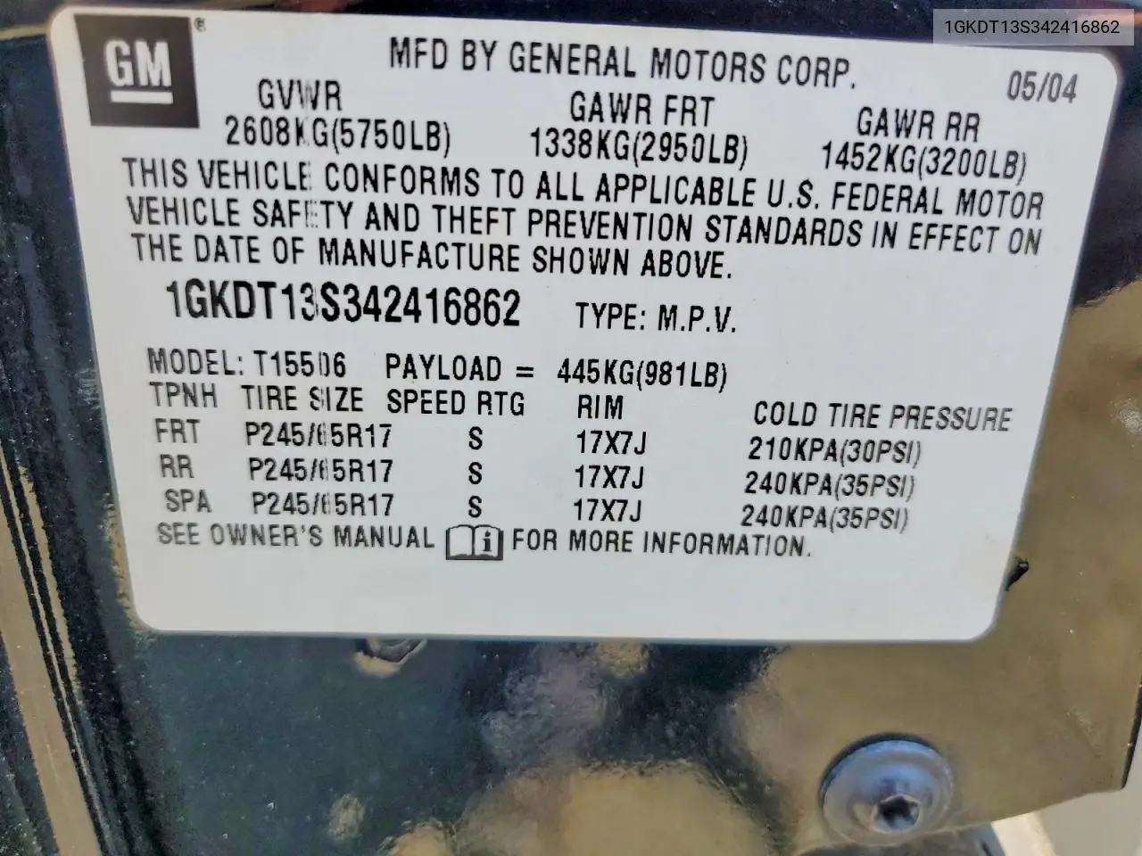2004 GMC Envoy VIN: 1GKDT13S342416862 Lot: 60426506