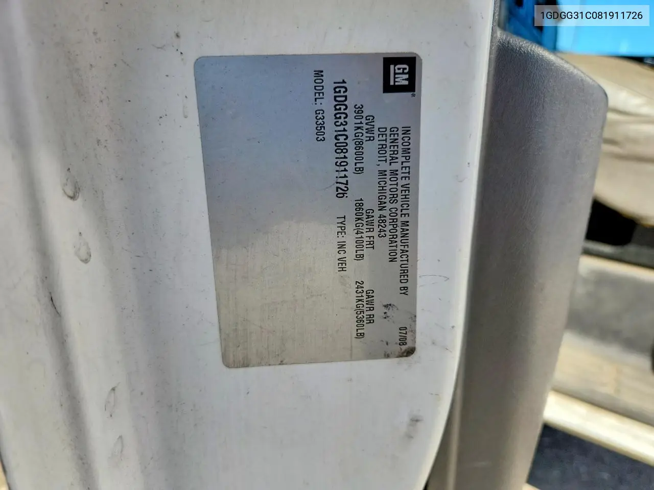 2008 GMC Savana Cutaway G3500 VIN: 1GDGG31C081911726 Lot: 60244446
