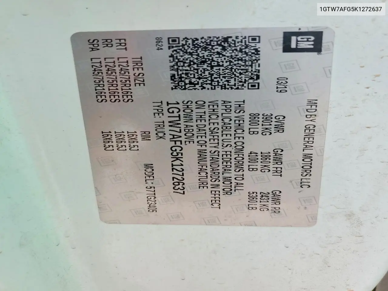 2019 GMC Savana G-2500 Cargo ** R&D * Pri Fleet ** VIN: 1GTW7AFG5K1272637 Lot: 59529756