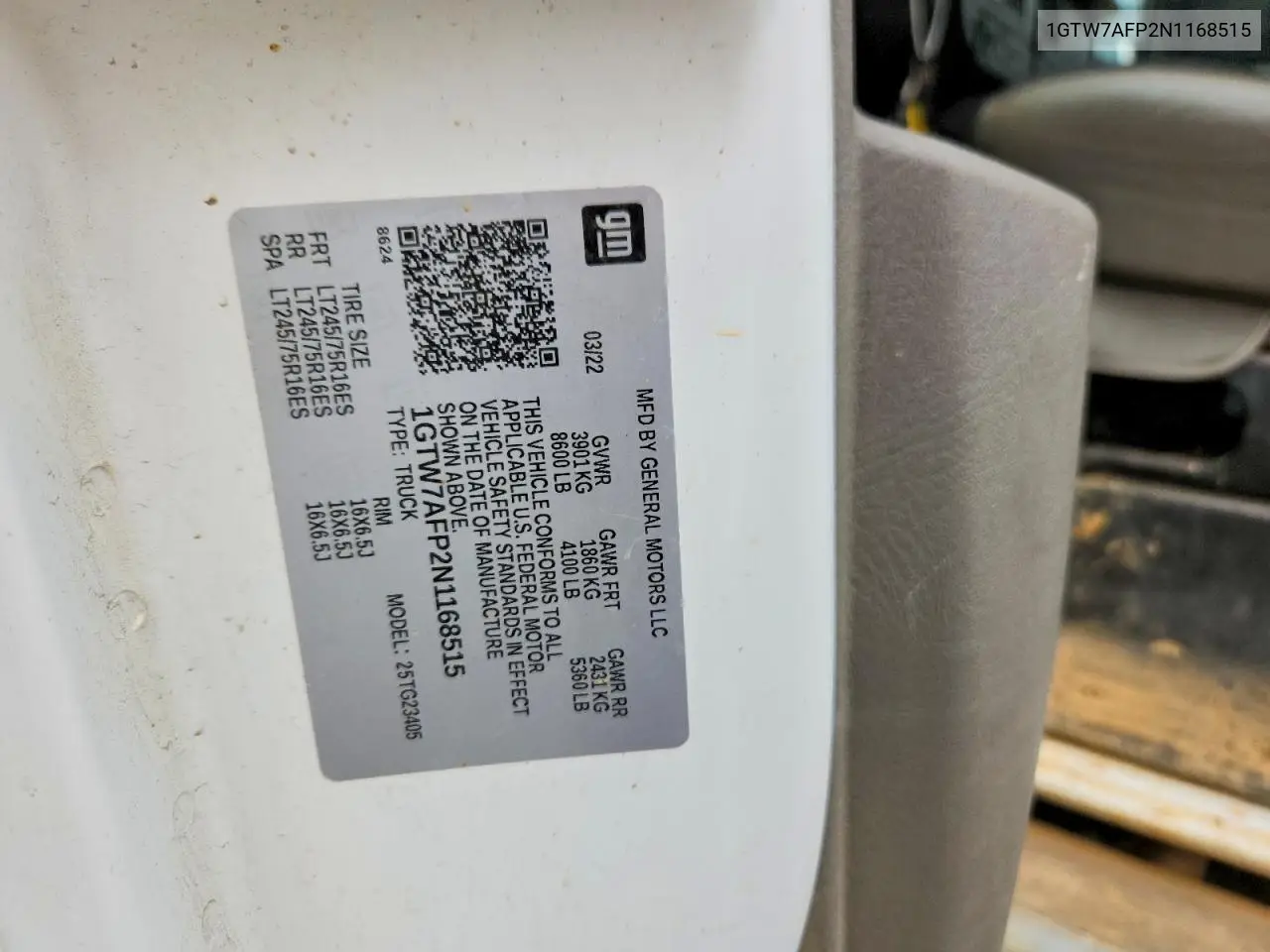 2022 GMC Savana G2500 VIN: 1GTW7AFP2N1168515 Lot: 60857236