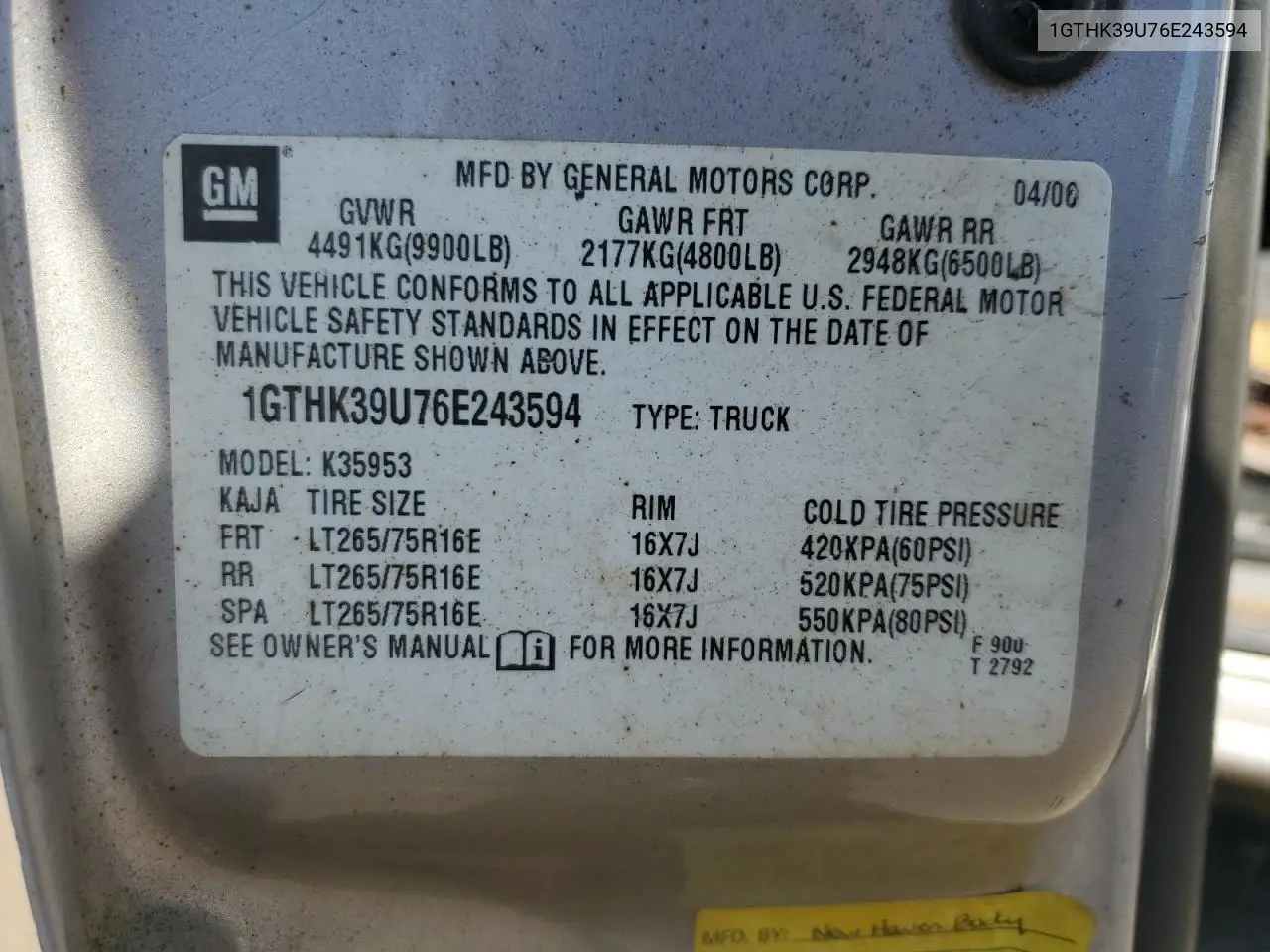 1GTHK39U76E243594 2006 GMC New Sierra K3500
