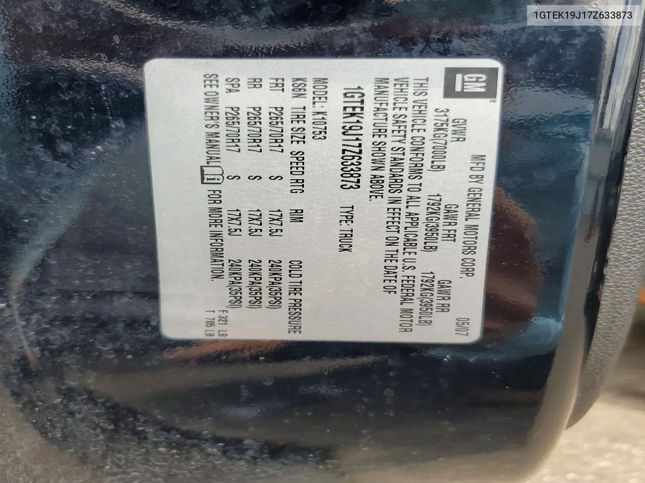 2007 GMC New Sierra K1500 VIN: 1GTEK19J17Z633873 Lot: 60719466