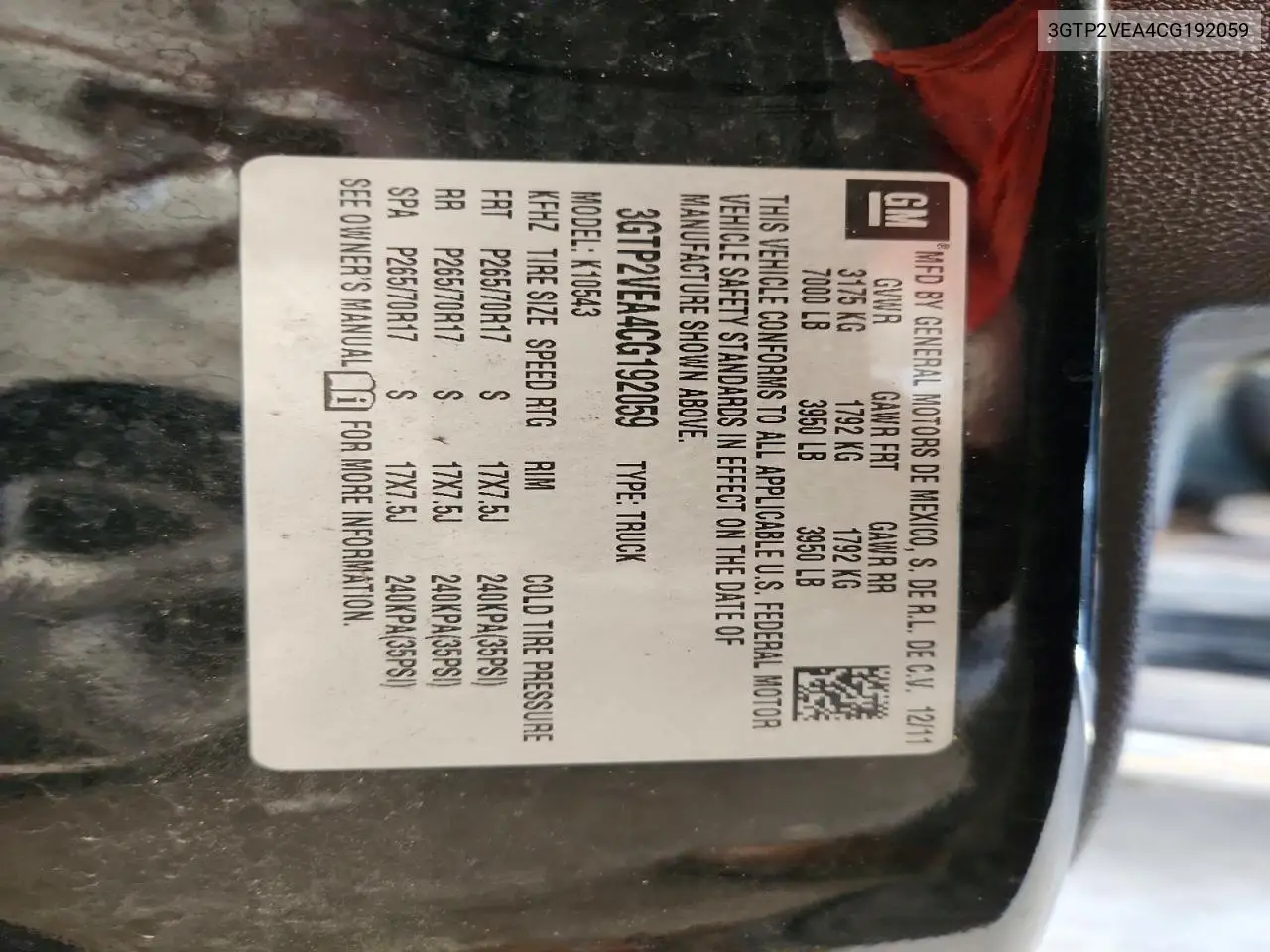 3GTP2VEA4CG192059 2012 GMC Sierra K1500 Sle