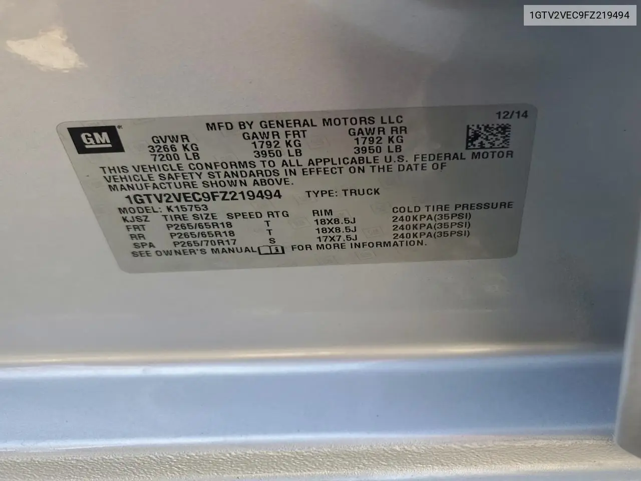 1GTV2VEC9FZ219494 2015 GMC Sierra K1500 Slt