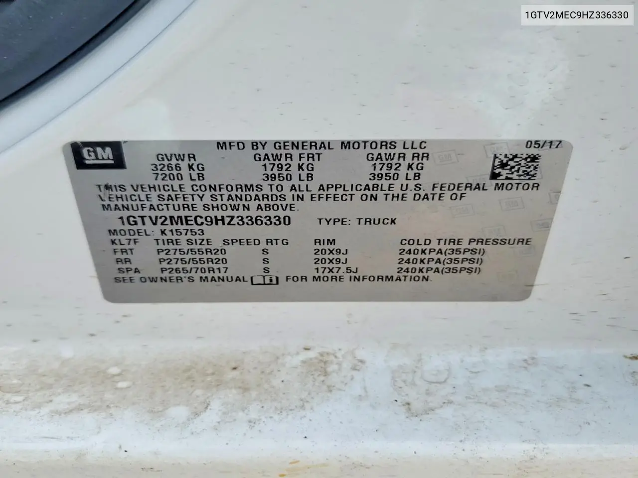 2017 GMC Sierra K1500 Sle VIN: 1GTV2MEC9HZ336330 Lot: 61321686