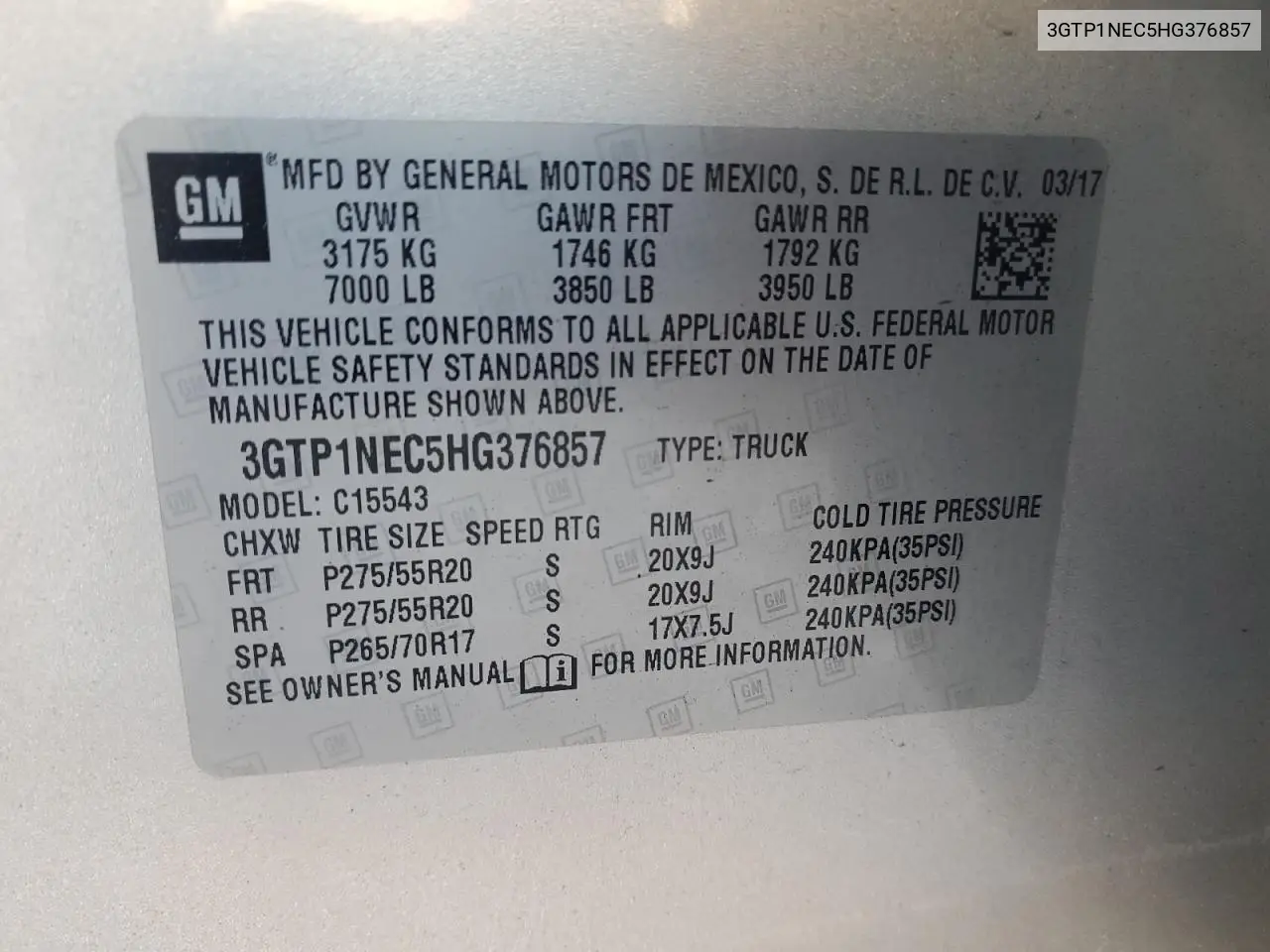 3GTP1NEC5HG376857 2017 GMC Sierra C1500 Slt