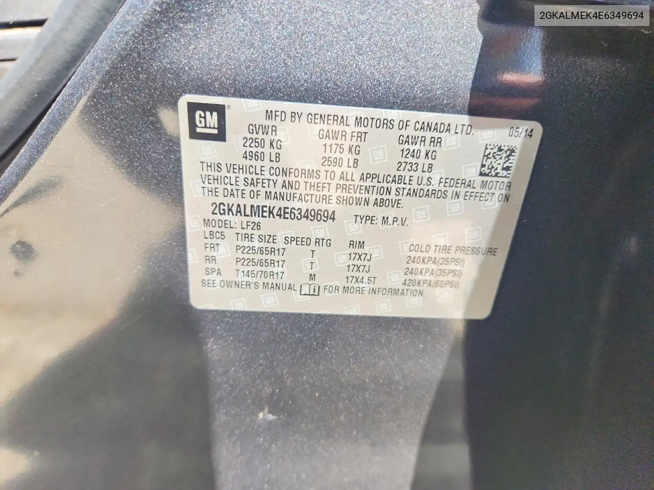 2014 GMC Terrain Sle VIN: 2GKALMEK4E6349694 Lot: 61439756