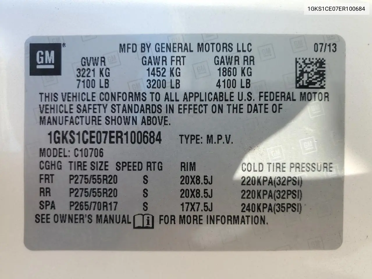 1GKS1CE07ER100684 2014 GMC Yukon Slt
