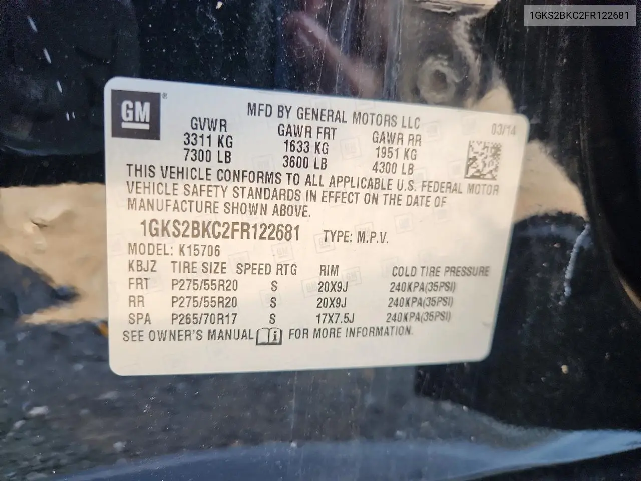 2015 GMC Yukon Slt VIN: 1GKS2BKC2FR122681 Lot: 61407316
