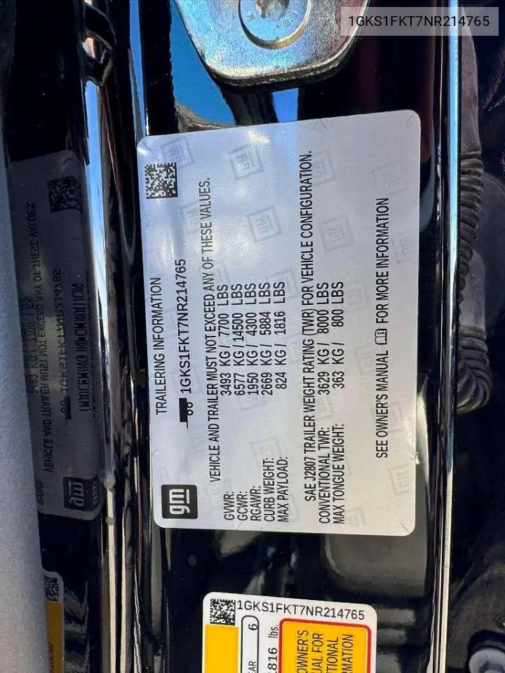 2022 GMC Yukon Xl C1500 Sle VIN: 1GKS1FKT7NR214765 Lot: 61162406
