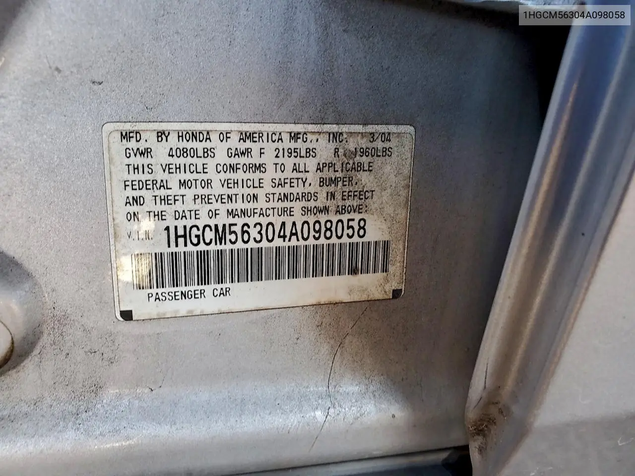 1HGCM56304A098058 2004 Honda Accord Lx