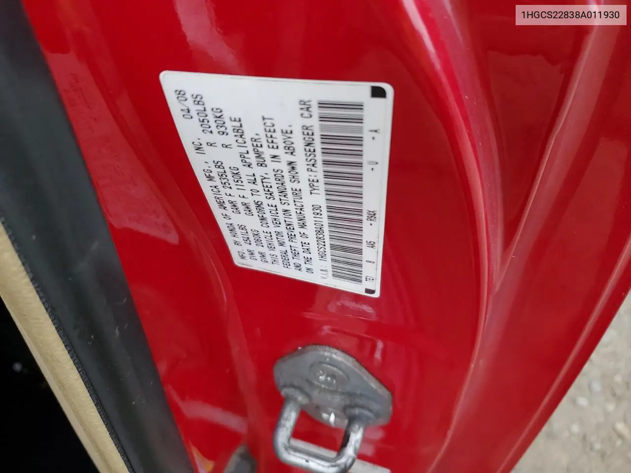 1HGCS22838A011930 2008 Honda Accord Exl