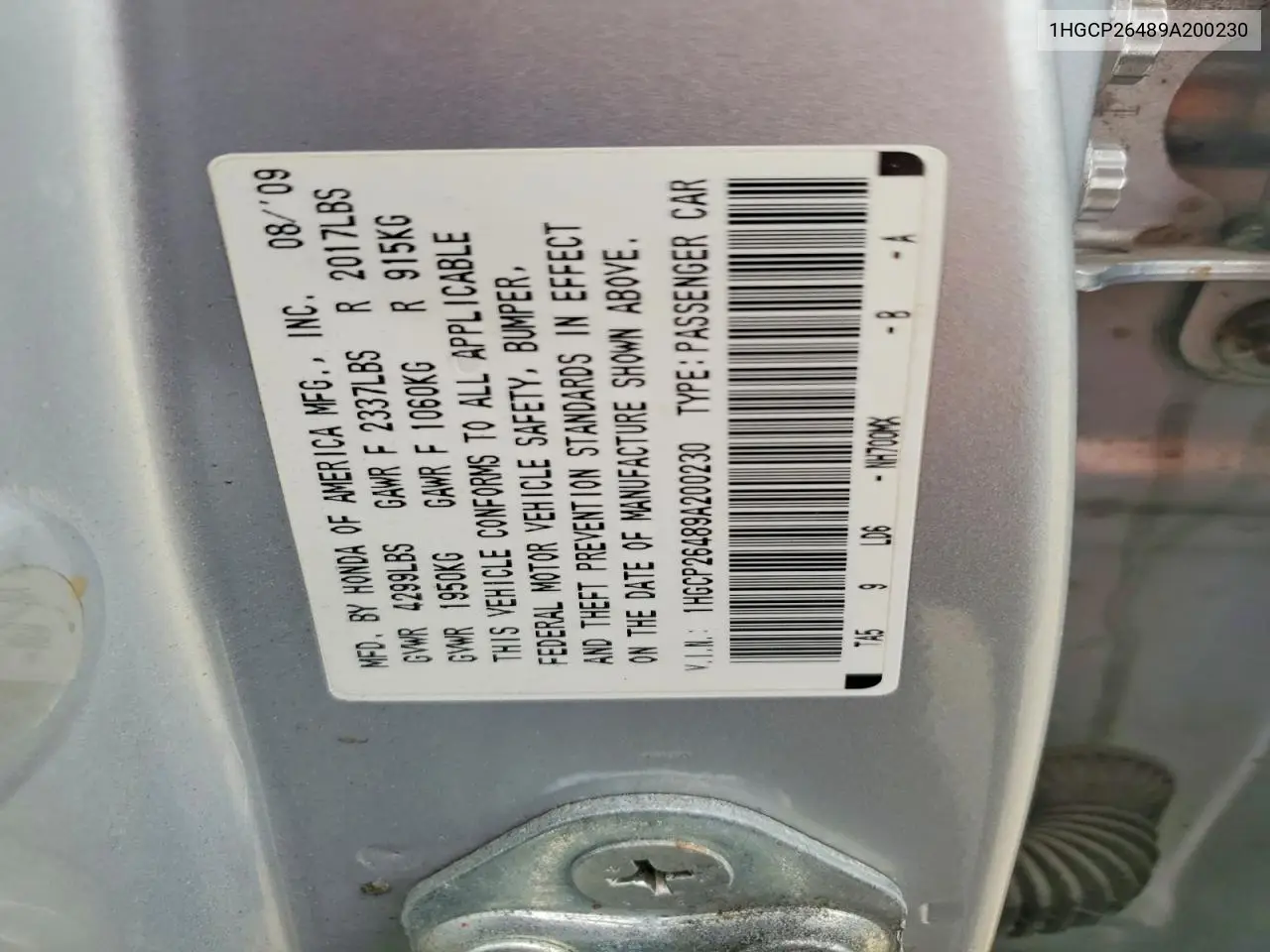2009 Honda Accord Lxp VIN: 1HGCP26489A200230 Lot: 61213526