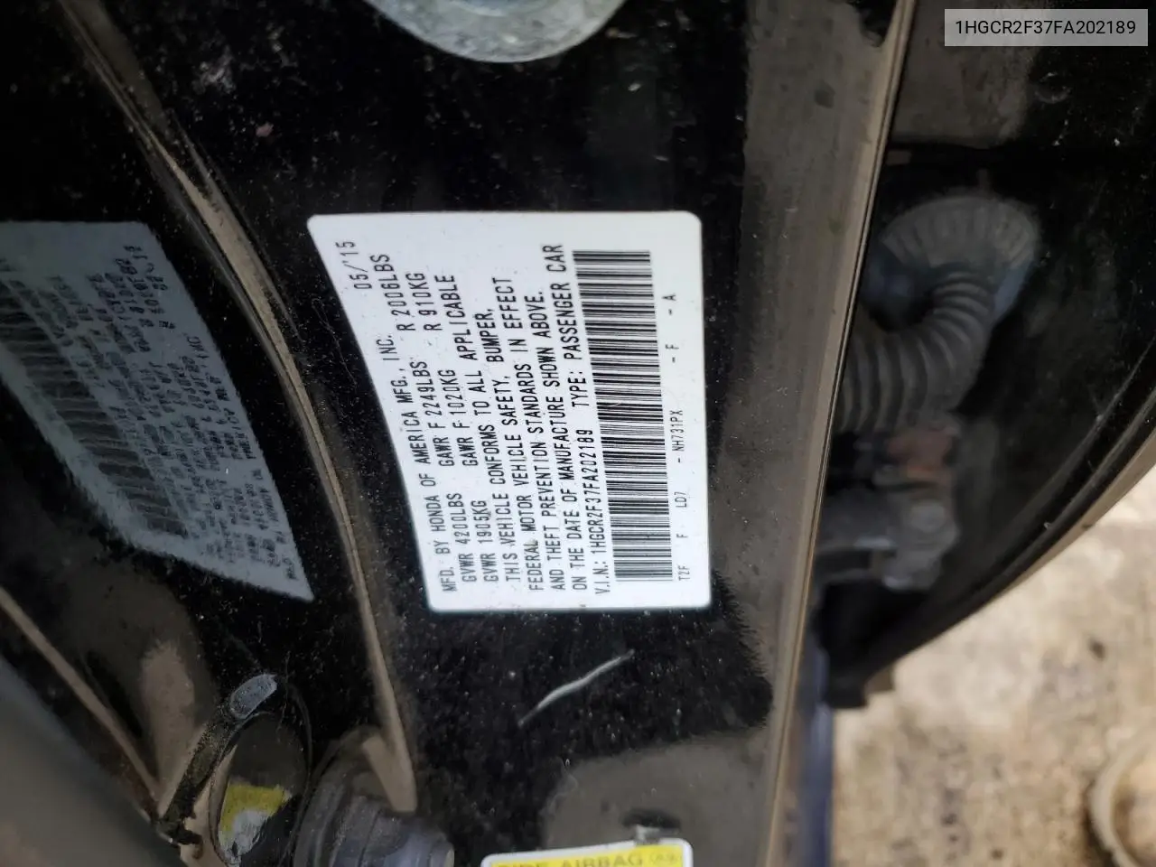 1HGCR2F37FA202189 2015 Honda Accord Lx