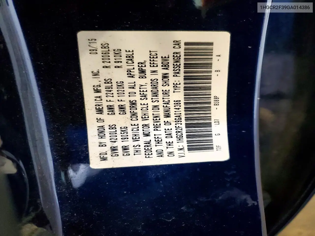 2016 Honda Accord Lx VIN: 1HGCR2F39GA014386 Lot: 58688576