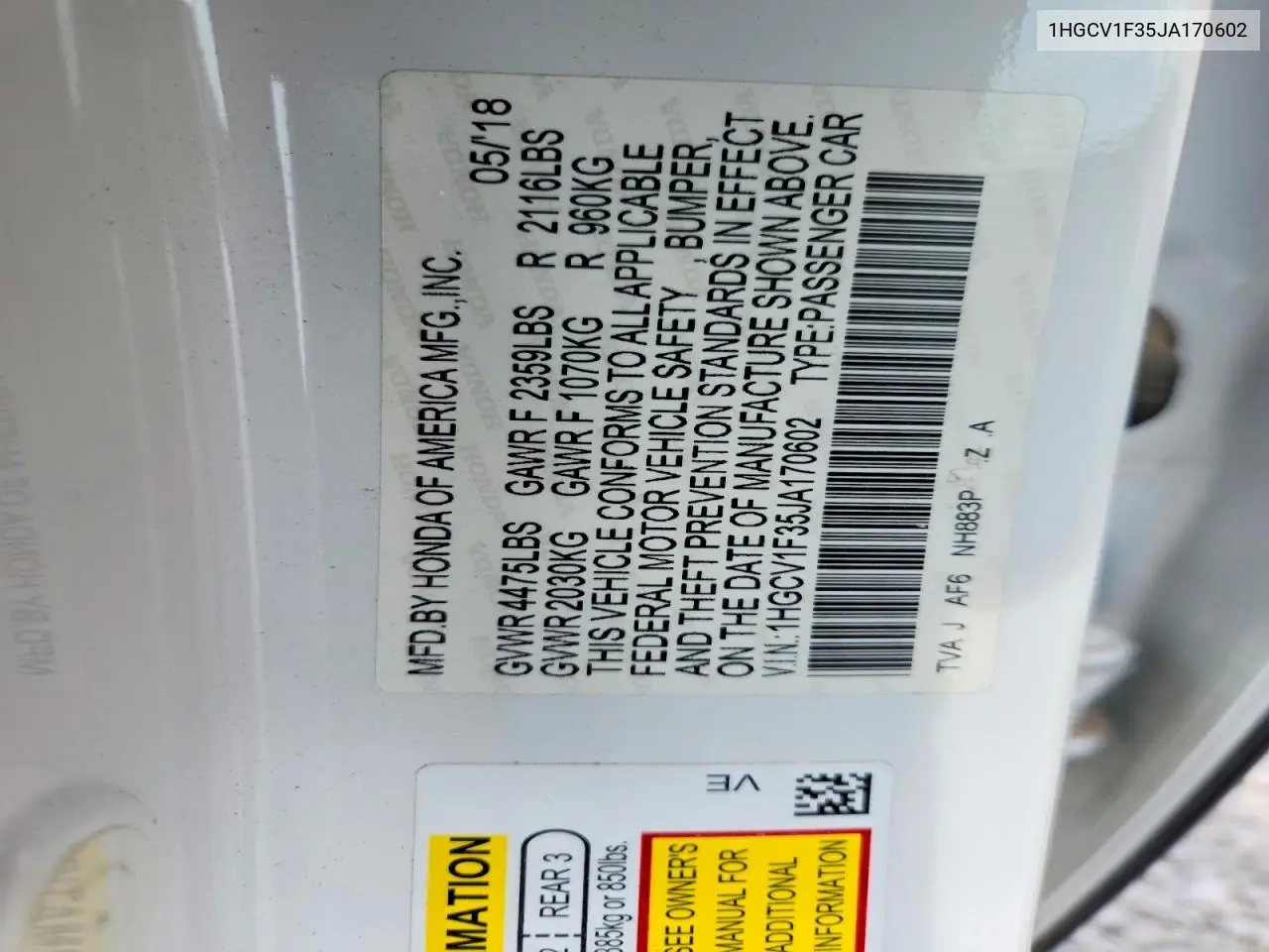 1HGCV1F35JA170602 2018 Honda Accord Sport