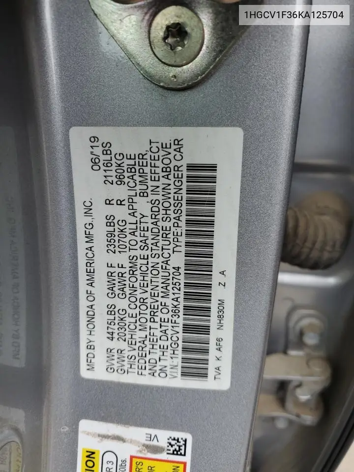 1HGCV1F36KA125704 2019 Honda Accord Sport