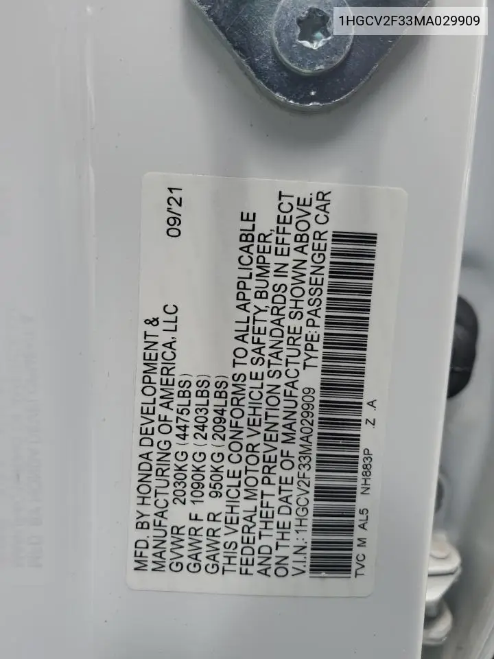 1HGCV2F33MA029909 2021 Honda Accord Sport