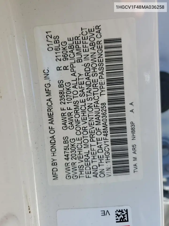 1HGCV1F48MA036258 2021 Honda Accord Sport Se