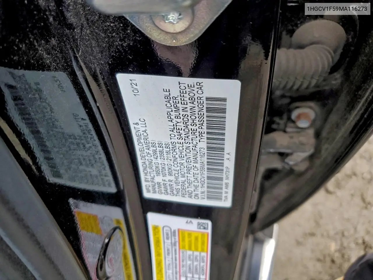 1HGCV1F59MA116273 2021 Honda Accord Exl