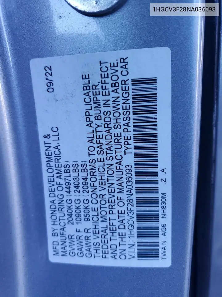 1HGCV3F28NA036093 2022 Honda Accord Hybrid Sport
