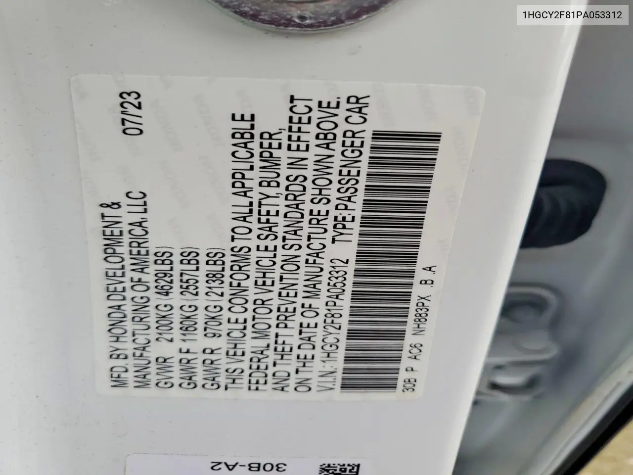 2023 Honda Accord Touring Hybrid VIN: 1HGCY2F81PA053312 Lot: 61995186