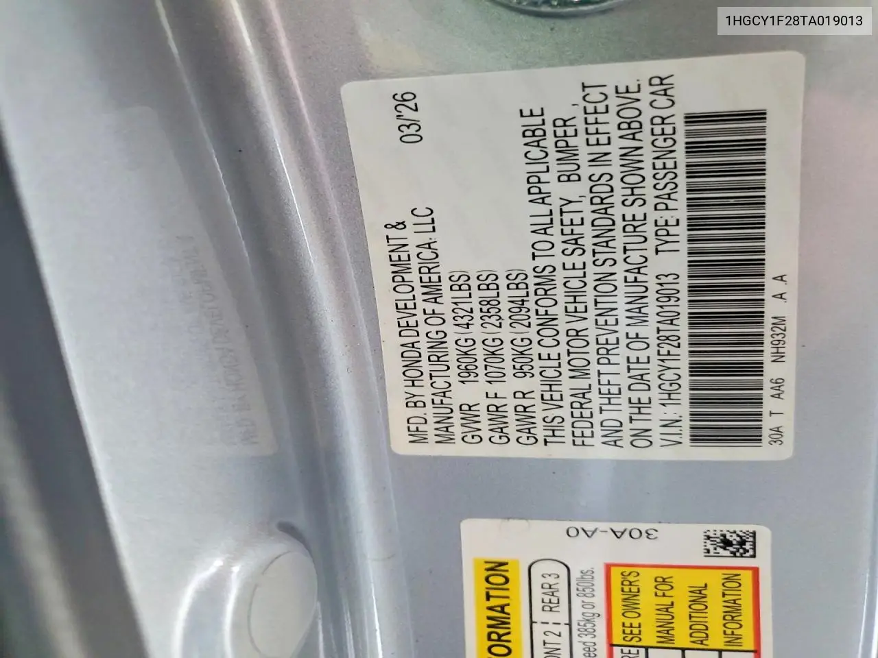 2026 Honda Accord Lx VIN: 1HGCY1F28TA019013 Lot: 61948866