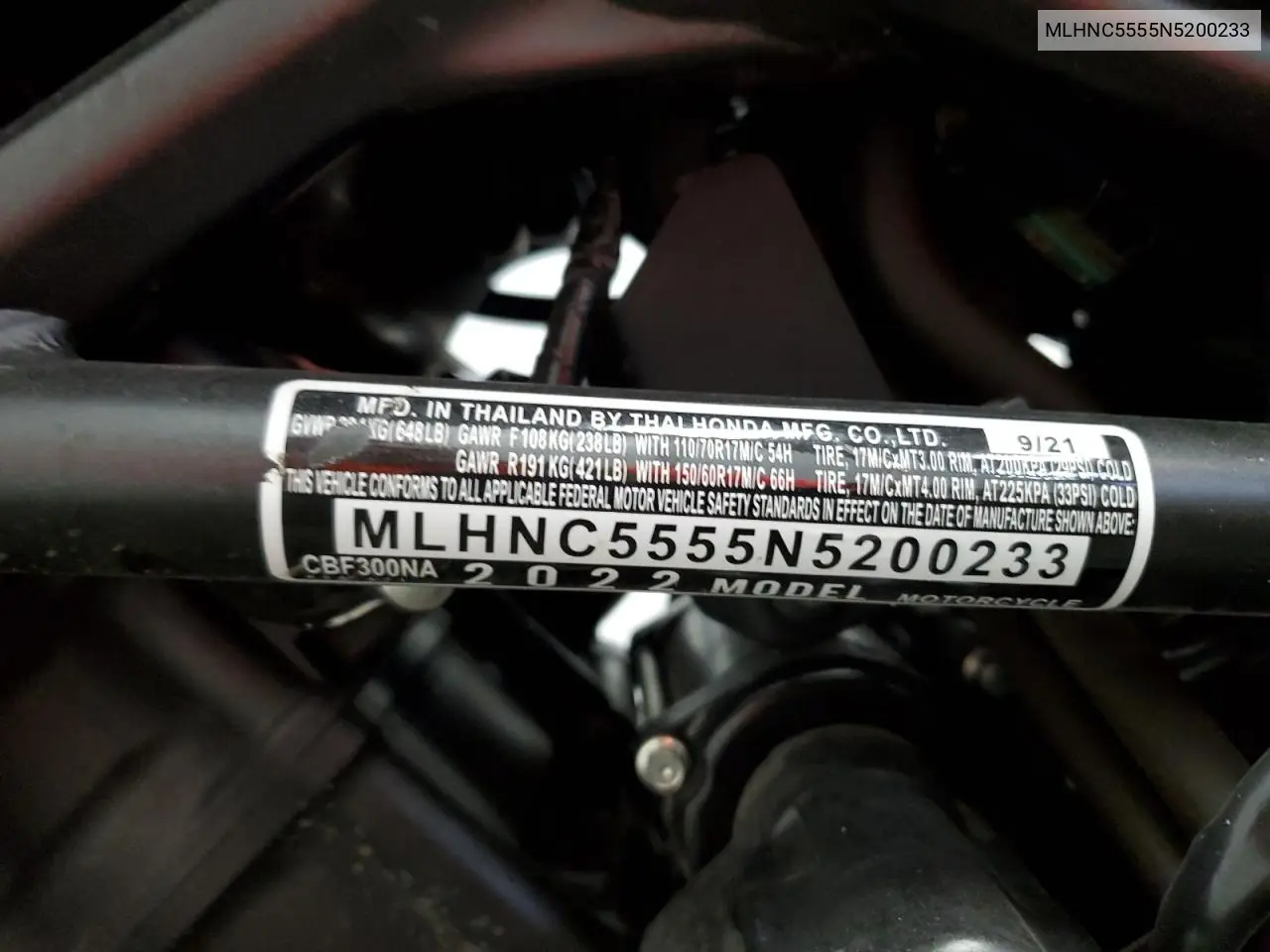 2022 Honda Cbf300 Na VIN: MLHNC5555N5200233 Lot: 69997675