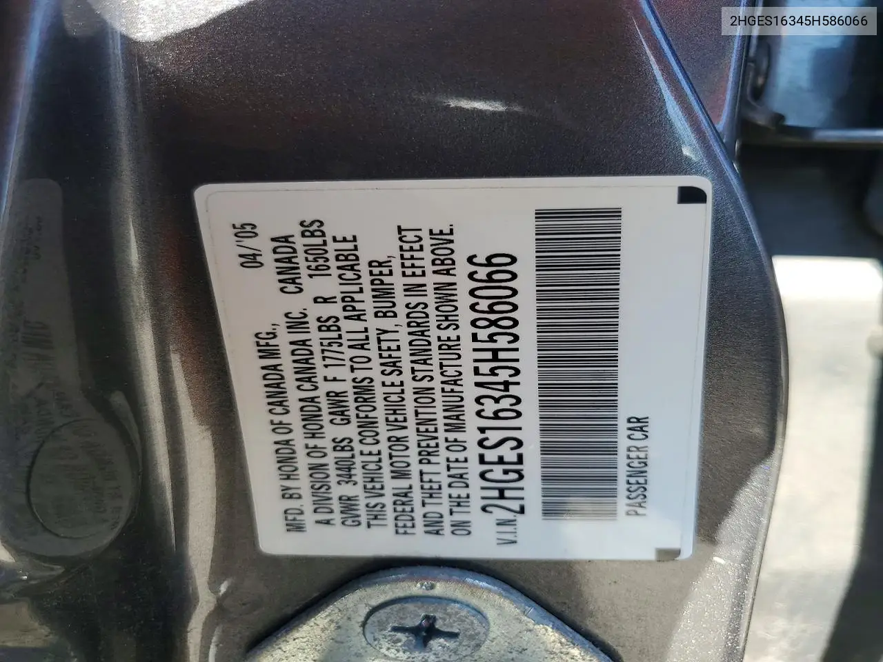 2HGES16345H586066 2005 Honda Civic Dx Vp