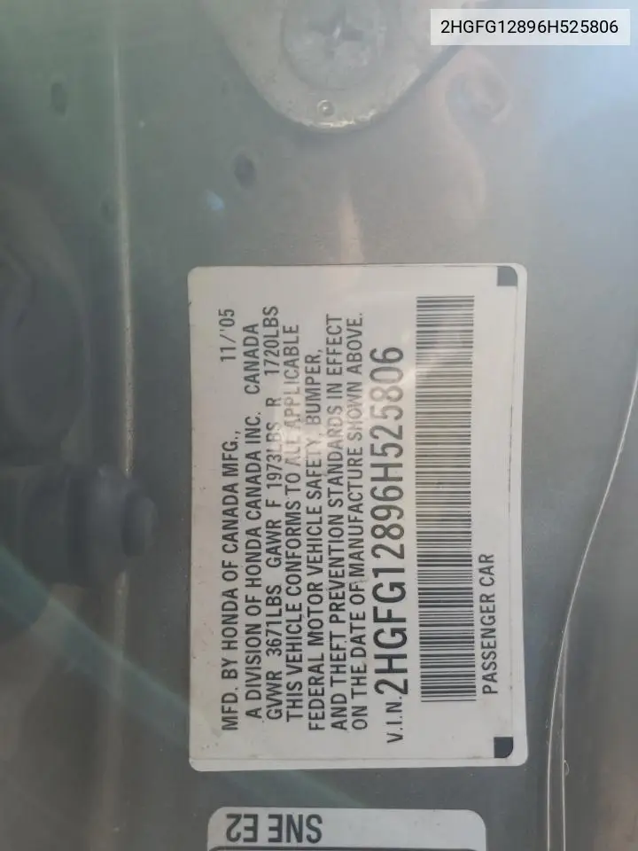 2HGFG12896H525806 2006 Honda Civic Ex