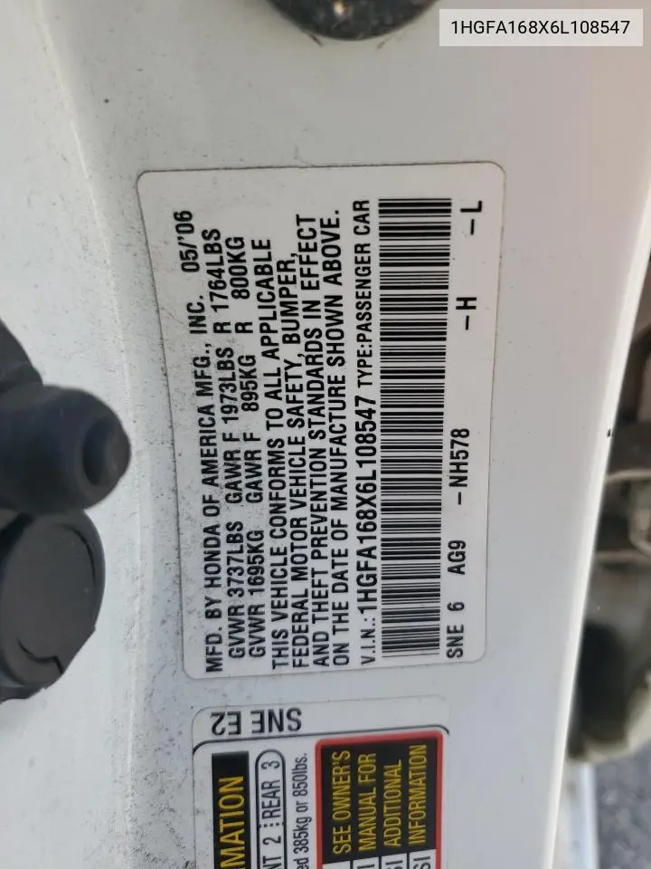 1HGFA168X6L108547 2006 Honda Civic Ex