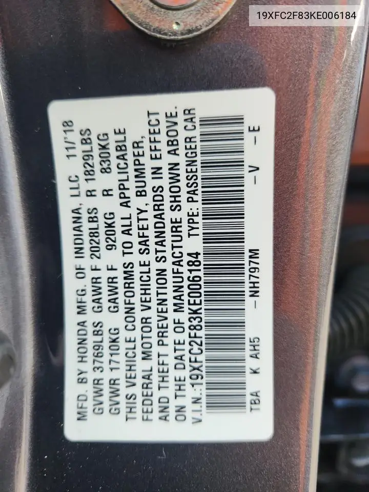 19XFC2F83KE006184 2019 Honda Civic Sport