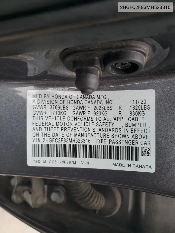 2HGFC2F83MH523316 2021 Honda Civic Sport