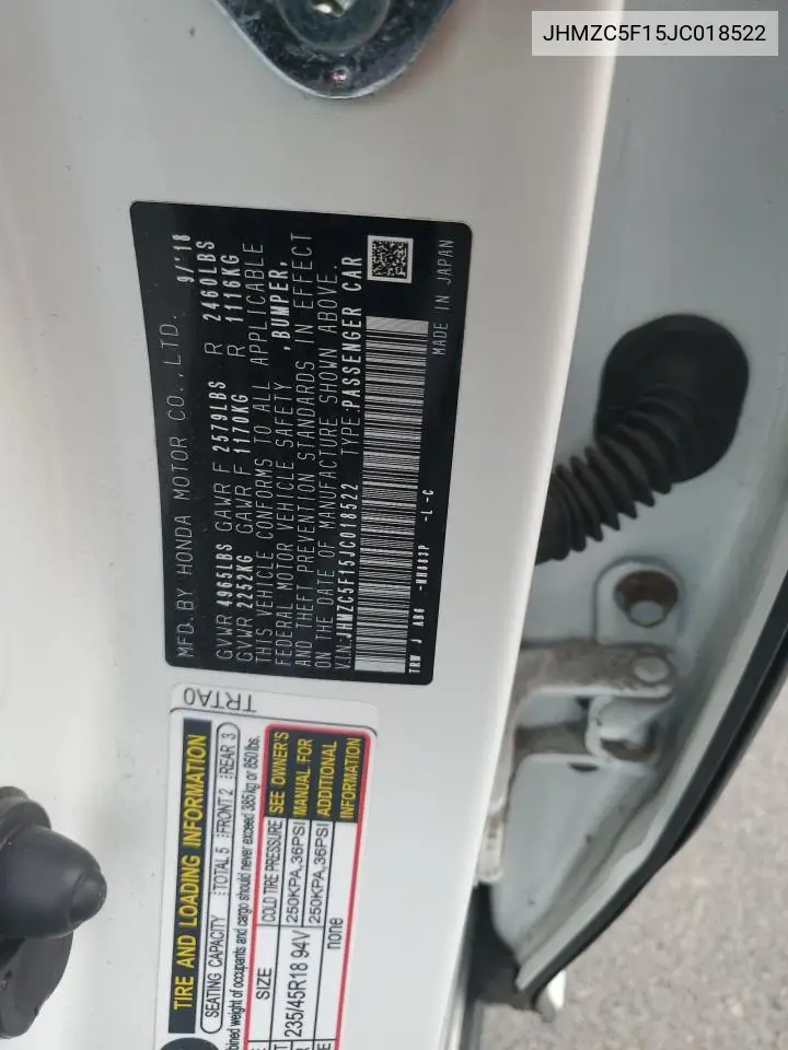 2018 Honda Clarity VIN: JHMZC5F15JC018522 Lot: 71512535