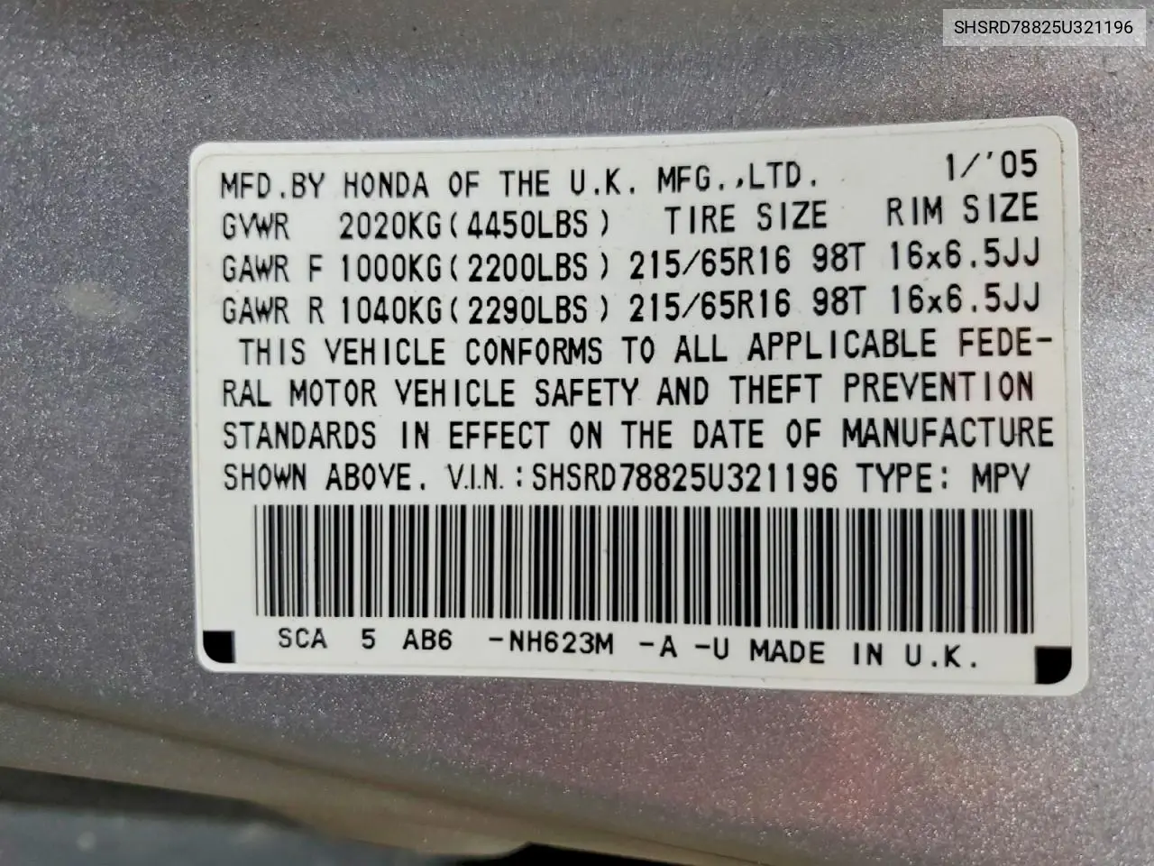 SHSRD78825U321196 2005 Honda Cr-V Ex