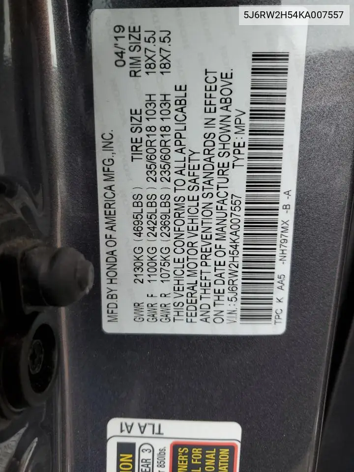 5J6RW2H54KA007557 2019 Honda Cr-V Ex